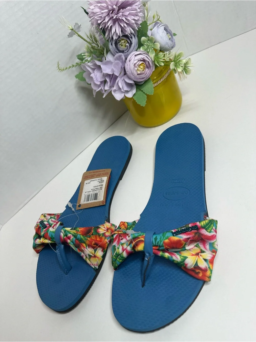 Havaianas Blue Floral Bow Toe-Post Slide Sandals for Women
